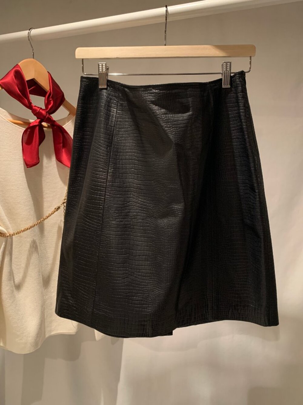 100% Black Leather Printed Skirt Ralph Lauren Size 14 Petite
